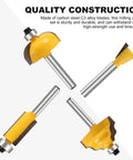 Router Bit Set For Woodworking With One Quarter Inch Shank 35 Piece Kit showing four durable carbide bits