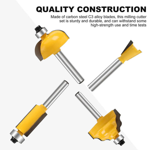 Router Bit Set For Woodworking With One Quarter Inch Shank 35 Piece Kit showing four durable carbide bits
