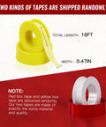 Yellow and white tape rolls with dimensions shown, 16ft length, 0.47in width. Note on random shipment of red or yellow box tape.