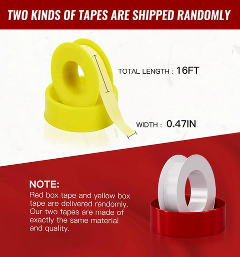 Yellow and white tape rolls with dimensions shown, 16ft length, 0.47in width. Note on random shipment of red or yellow box tape.