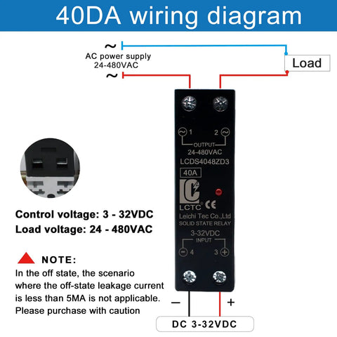 DIN Rail Solid State Relay With Built In Heatsink For Easy Box Install, DC to AC Output 24 to 480V, 3 to 32V DC Input, 40A SSR, shown with wiring diagram
