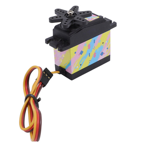 Heavy Duty 35Kg Digital RC Servo Featuring All Metal Gears And Beast Mode Response For Rock Solid Steering On 1/10 1/12 Scale RC Cars Trucks Robots And Custom Rigs side view with colorful design and wires