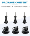Heavy Duty 1/4-20 Thread Tripod Adapter For GoPro Action Cameras With Knockout Copper Screw Built Tough Against Rust Easy Monopod And Selfie Stick Hookup To Get Ya Shots Looking Flawless On Weekend Adventures, showing 3 thumb screws and 3 tripod mount adapters.