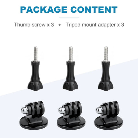 Heavy Duty 1/4-20 Thread Tripod Adapter For GoPro Action Cameras With Knockout Copper Screw Built Tough Against Rust Easy Monopod And Selfie Stick Hookup To Get Ya Shots Looking Flawless On Weekend Adventures, showing 3 thumb screws and 3 tripod mount adapters.