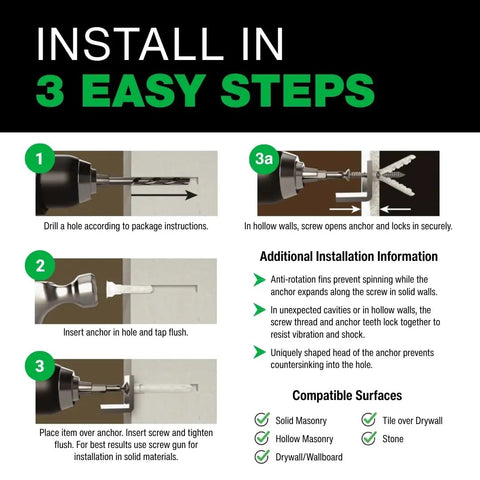 Installation guide for Heavy Duty Alligator Wall Anchors Quarter Inch 100 Pack including easy steps for use in solid and hollow surfaces.