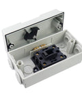 IP66 Waterproof Enclosed Motor Disconnect Switch 63A 2 Pole 220V For Indoor Outdoor Use, Weatherproof ABS Enclosure, Corrosion Resistant, High Temperature Tolerant, UV Protective, Built Tough open ABS housing with 2-pole switch