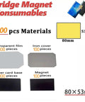 100 Set Rectangle Fridge Magnet Maker Kit With 3.15x2.1 Inch Press Supplies showing transparent film, iron cover, card, and magnet pieces.