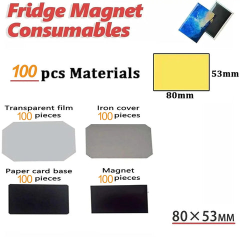 100 Set Rectangle Fridge Magnet Maker Kit With 3.15x2.1 Inch Press Supplies showing transparent film, iron cover, card, and magnet pieces.