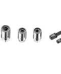 Four Piece Metric Stud Remover And Installer Kit For Six To Twelve Millimeter With Three Eighths Inch Drive For Six And Eight Millimeter And One Half Inch Drive For Ten And Twelve Millimeter Pro Grade Heavy Duty Stud Extraction And Installation In Tight showing four chrome sockets and two adaptors
