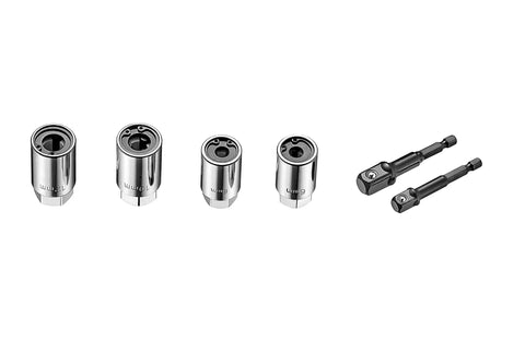 Four Piece Metric Stud Remover And Installer Kit For Six To Twelve Millimeter With Three Eighths Inch Drive For Six And Eight Millimeter And One Half Inch Drive For Ten And Twelve Millimeter Pro Grade Heavy Duty Stud Extraction And Installation In Tight showing four chrome sockets and two adaptors