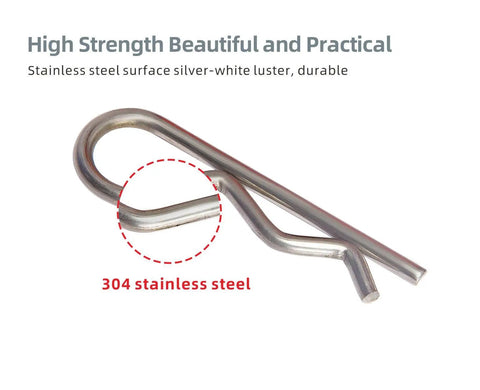 Close-up of 304 stainless steel cotter pin, part of 95 Piece Cotter Pins Kit With 7 Sizes Heavy Duty Stainless Steel R Clips For Trailer Hitch