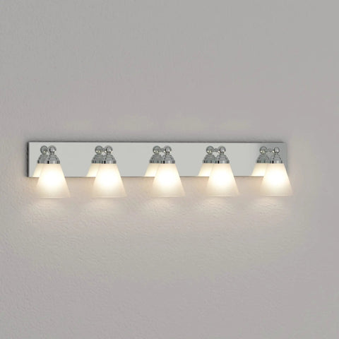 Hudson 5 Light Bathroom Vanity Fixture In Chrome With White Opal Glass Damp Rated For Bathrooms mounted on wall