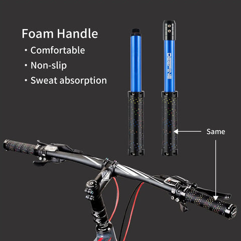 Bicycle handlebars with attached foam handle and pump showing ergonomic grip and sweat absorption features