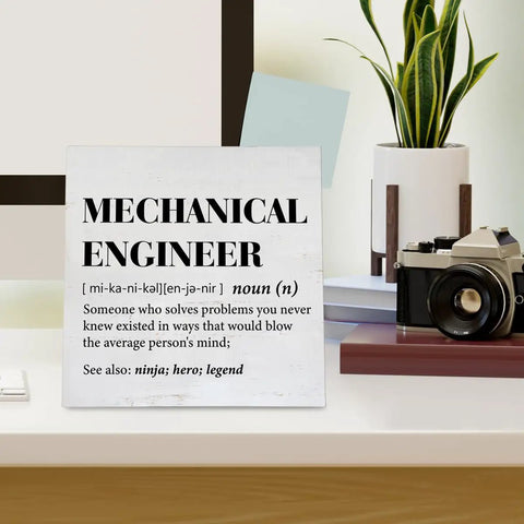 Mechanical Engineer Gift For Women And Men, Definition Wood Sign Plaque on desk with rustic home office decor, 6.2 by 6.2 inches