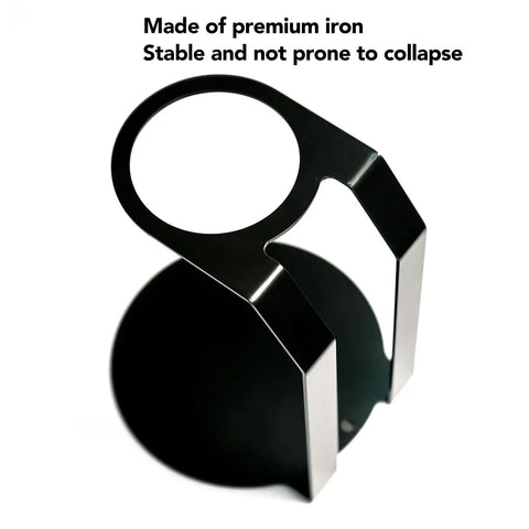 Sleek Black Iron Pour Over Coffee Dripper Rack With Rock Solid Stable Base For Precision Drip Brewing At Home Or Office, top view highlighting design.