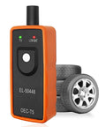 Keep Your Ride Rolling Smooth On Any Street With This Straight Up Bulletproof Tire Pressure Monitor And TPMS Reset Tool For GM Chevy Buick EL50448 Models, orange sensor tool with tire background.