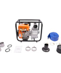Straight Up Heavy Duty 196Cc Four Stroke Diesel Water Pump with hose, components for yard irrigation and drainage.