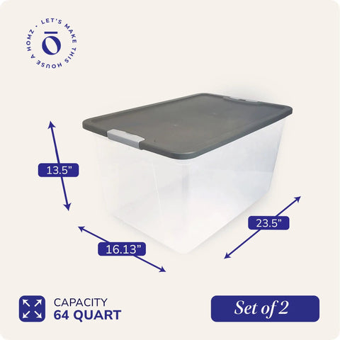 Pro Move Clear Plastic Storage Totes With Secure Gray Locking Lids, 64 Quart Capacity, Big Boy Containers Perfect For Closet Garage And Home Organization, Straight Up Durable And Lowkey Essential, Set Of 2