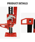 Close-up of Heavy Duty 3 Ton Farm Jack Ratcheting High Lift With 6600 Lbs Capacity, red steel frame details and ratchet mechanism.