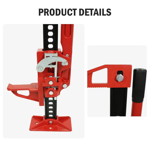 Close-up of Heavy Duty 3 Ton Farm Jack Ratcheting High Lift With 6600 Lbs Capacity, red steel frame details and ratchet mechanism.
