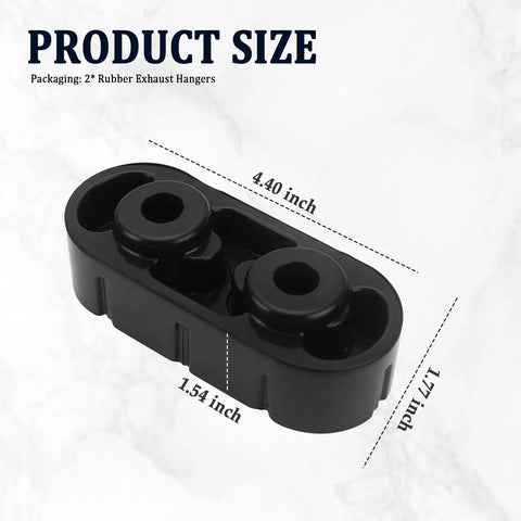 Black rubber exhaust hanger for GM trucks, size 4.40x1.77x1.54 in, shown at angle. Two Pack Rubber Exhaust Hangers For Rock Solid Vibration And Noise Reduction Muffler Hanger Replacement Compatible With GMC Sierra 1500 Silverado 1500 Escalade EXT And Other GM Trucks OEM Style.
