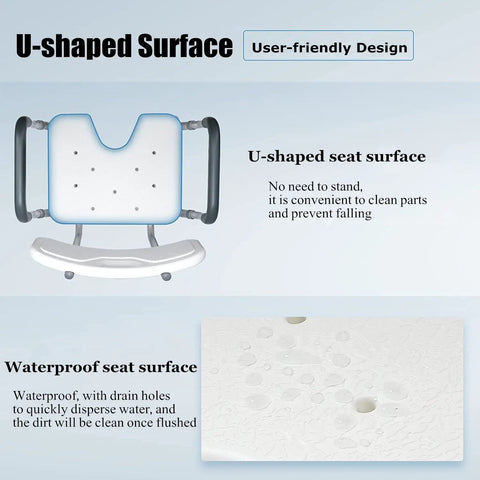 Heavy Duty Shower Chair Bath Seat with padded armrests, U-shaped seat, non slip feet, easy to clean surface with drain holes