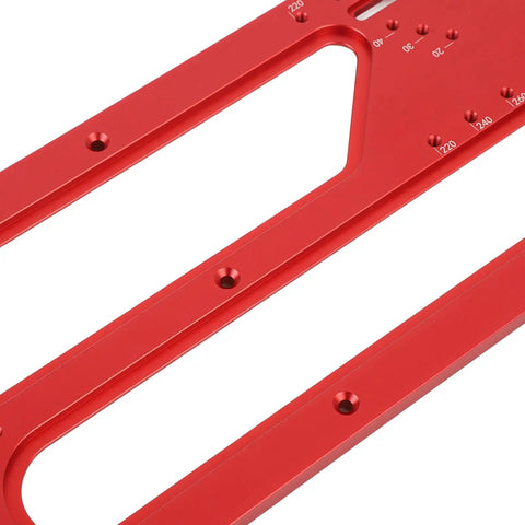 Zero Mess Cabinet Door Flush Mount Template Aluminum Alloy Slotting Guide Set Includes Semi Circular Router Bit close-up of metal guide with precision measurements.