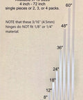 Sizes of Skip The Drill These Clear PVC Piano Hinge Strips, 4 to 72 inches, showing clear material for aquarium lids and windshields.