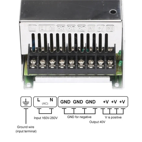 460W Switching Power Supply For CNC Engraving Machines 46V 10A with terminal connections and input-output diagram visible
