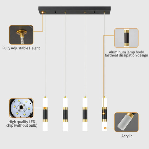 Four Light Modern Pendant Light For Kitchen Island With Dimmable LED Black And Gold Finish Contemporary Dining Room Ceiling Fixture Great For Bar Counter Or Breakfast Nook Sleek Metal Aluminum Design, showcasing adjustable height and acrylic detail