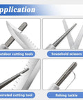 Image showing applications of Two Pack Retractable Diamond Serrated Knife Sharpener For Kitchen Outdoor Cooking Camping Fishing And Hunting, including tools.