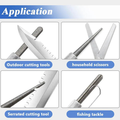 Image showing applications of Two Pack Retractable Diamond Serrated Knife Sharpener For Kitchen Outdoor Cooking Camping Fishing And Hunting, including tools.