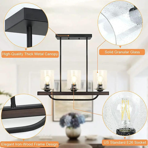 Three Light Rustic Pendant Light Fixture With Glass Shade, Flush Mount Farmhouse Chandelier In Black For Kitchen Island And Dining Room, Adjustable Ceiling Light With E26 Base For Home And Restaurant