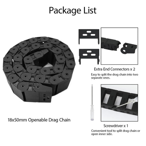 R38 18mm By 50mm Semi Enclosed Drag Chain Cable Carrier For CNC Machines, 1 Meter Length With End Connectors, package contents