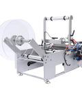 Semi Automatic Round Bottle Labeling Machine High Speed 300W Fiber Optic Sensor Auto Detect Plastic Glass Bottles 110V side view of labeler.