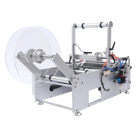Semi Automatic Round Bottle Labeling Machine High Speed 300W Fiber Optic Sensor Auto Detect Plastic Glass Bottles 110V side view of labeler.