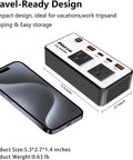 Road Tested 300W Car Power Inverter Converts 12V DC To 110V AC With No Sweat Usb Fast Charge Ports And Dual Household Plugs For Weekend Warriors And Commuters next to a smartphone for size reference.