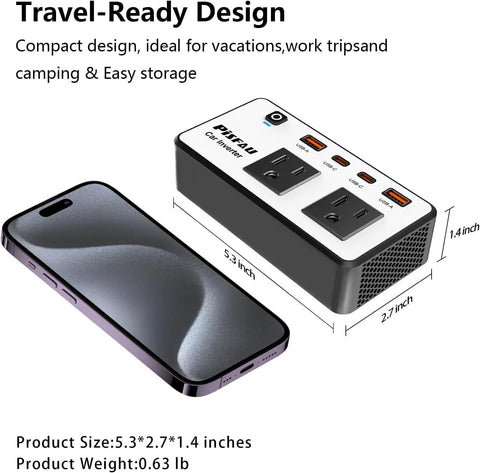 Road Tested 300W Car Power Inverter Converts 12V DC To 110V AC With No Sweat Usb Fast Charge Ports And Dual Household Plugs For Weekend Warriors And Commuters next to a smartphone for size reference.