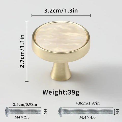 10 Pack Round Gold Knobs 1.2 Inch Brushed Yellow Pearl Finish Cabinet Hardware Handles For Dresser Wardrobe And Furniture Decorative Gold Drawer Knobs With Black Pearl Or Yellow Pearl Color Options showing dimensions and screws.