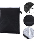 Black outdoor furniture cover in bag, heavy duty Oxford fabric, weatherproof, dustproof, windproof, for patio chairs and tables.
