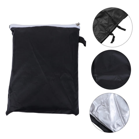 Black outdoor furniture cover in bag, heavy duty Oxford fabric, weatherproof, dustproof, windproof, for patio chairs and tables.