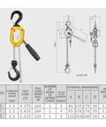 Heavy Duty 0.25 To 0.75 Ton Manual Lever Chain Hoist Winch with hook and specifications chart for lifting heavy objects.