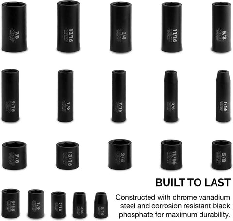 Three-Eighths Inch Drive Impact Socket Set, 6-Point SAE Standard And Deep Sockets, Cr-V Steel, 20-Piece Kit on display.