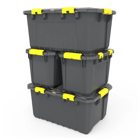 Stack of Hive 13 Modular Gear Case Go-To Waterproof and Airtight Stackable Storage Bin with Dividers for Tools, grey with yellow latches