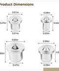Product dimensions of four size carbon steel center marking pins from the Dowel Alignment Tool Kit With Four Size Carbon Steel Center Marking Pins, Forty Transfer Plugs, And Drill Guide For Woodworking, Cabinet Making, And DIY Projects, Pro Grade, Precise And Easy Joinery Every Time
