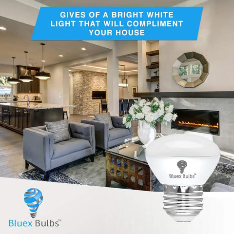 Living room with modern decor, featuring 4 Pack R14 LED Bulbs 4W Dimmable 2700K Warm White 40W Equivalent and Bluex Bulbs logo