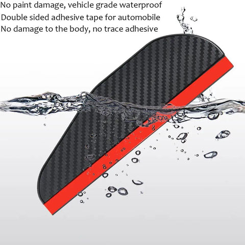 Universal Fit Side Mirror Rain Guards Eyebrow Visor Shields 2 Pack Easy Peel And Stick ABS Plastic Covers shown with water flowing over