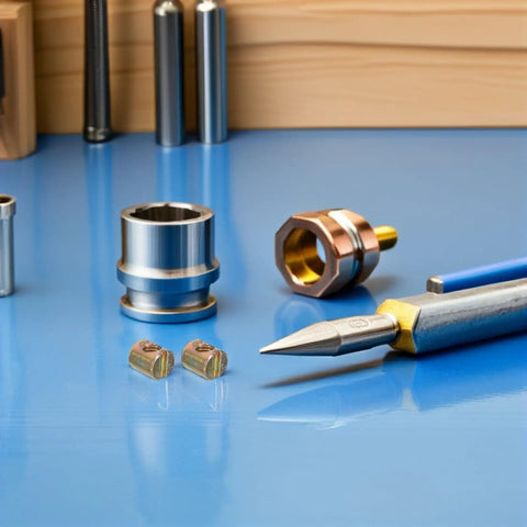 Super Cool 100 Pack M6 Threaded Inserts For Furniture Nuts Screws And Bed Connectors That Fit All Kinds Of Frames Easy Install Barrel Nut Replacements You Need Today displayed with various metal fasteners on a blue surface.