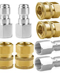 8-pack 1/4 in NPT stainless steel and brass pressure washer quick-connect fittings; male and female adapters.