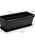 7 Pack 17 Inch Window Box Planters With Trays for Veggies and Flowers in black plastic, shown with measurements.